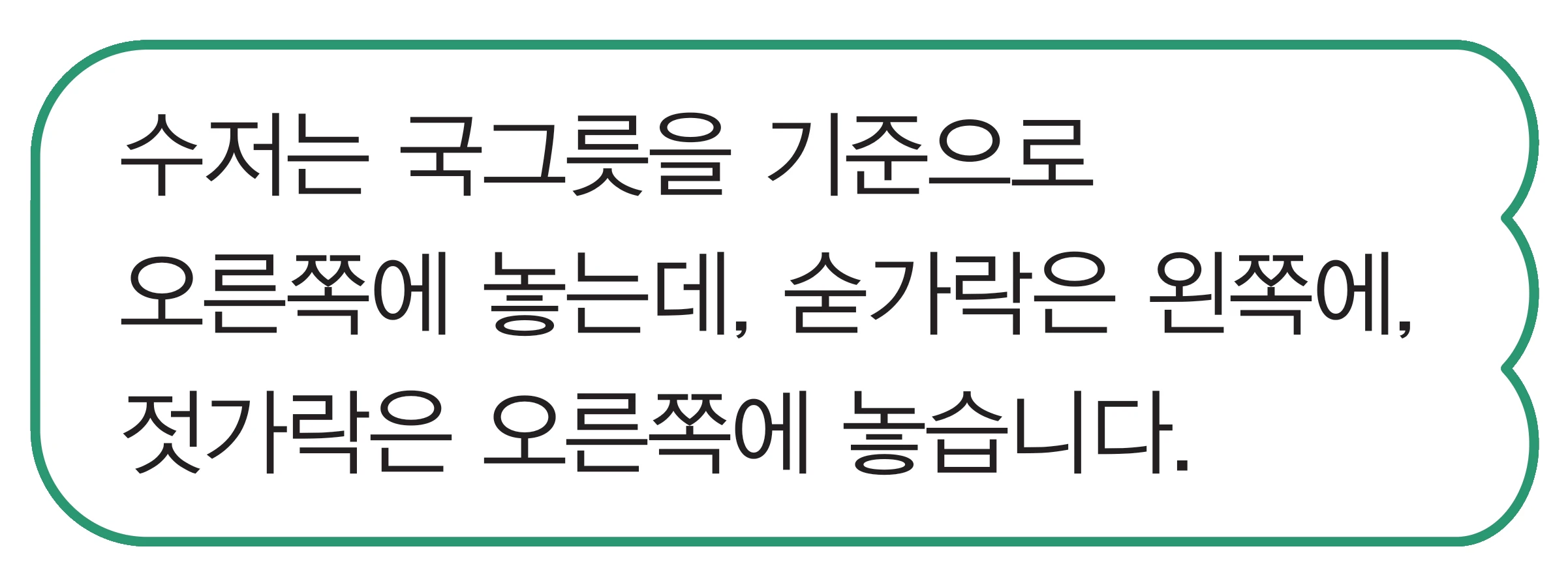교과서 86쪽 말풍선 — 수저는 국그릇을 기준으로 오른쪽에 놓는데, 숟가락은 왼쪽에, 젓가락은 오른쪽에 놓습니다.