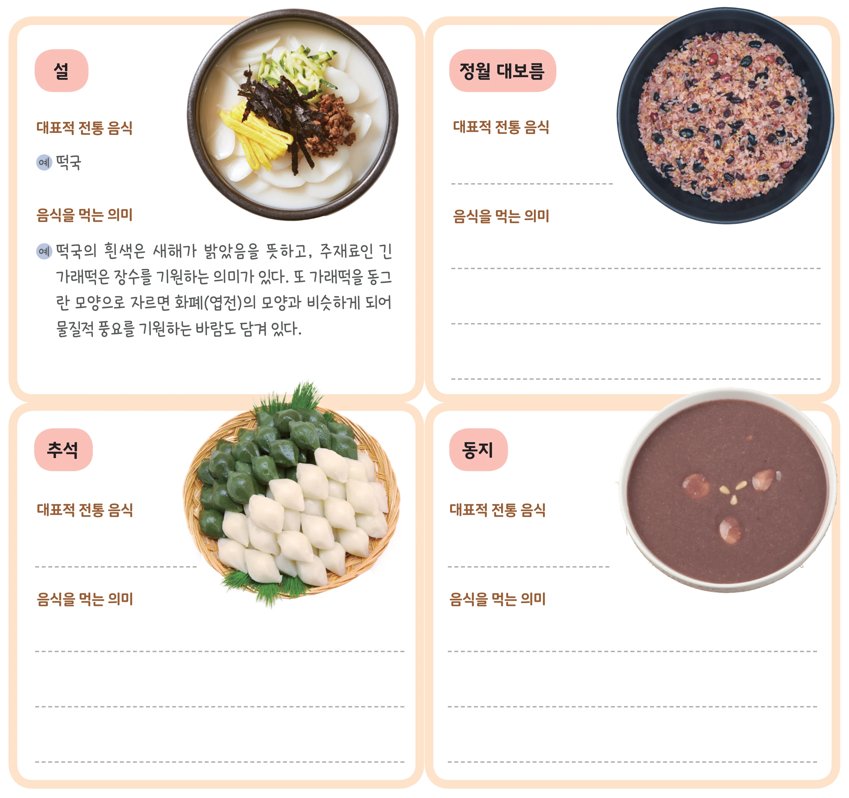 교과서 87쪽 조사 표 네 칸 — 설·정월 대보름·추석·동지, 칸마다 대표적 전통 음식과 음식을 먹는 의미