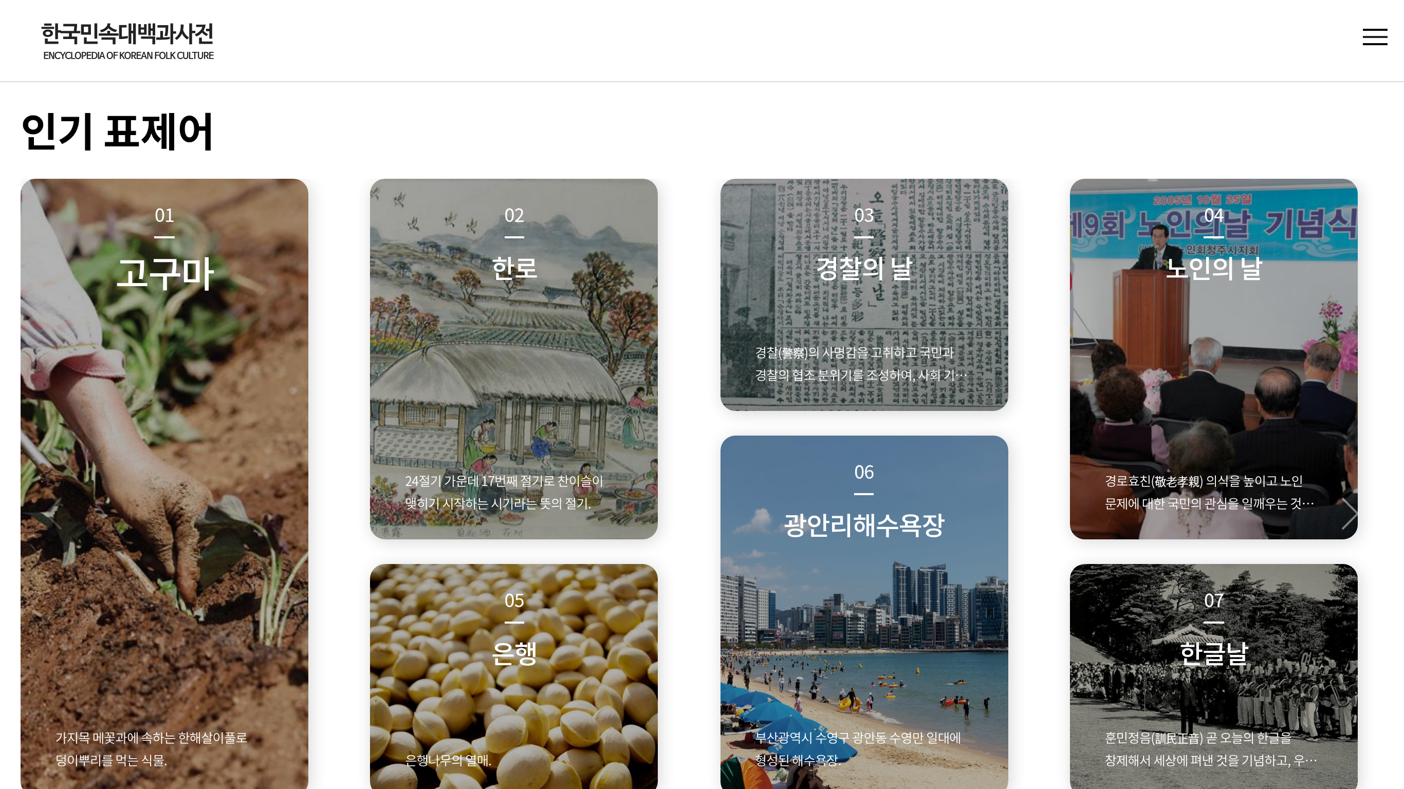 한국민속대백과사전 첫 화면 — 오른쪽 위 메뉴 단추